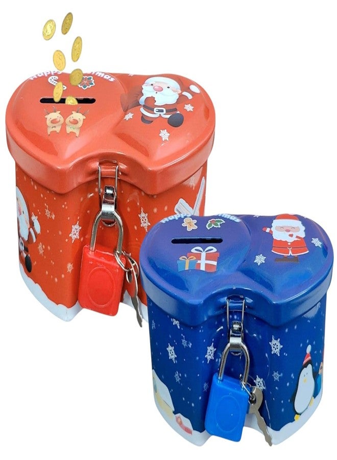 AMYCAUR Merry Christmas Small Metal Piggy Bank for Kids Mini Tin Money Box for Girls, Secret Santa Gift for Kids Rndom Color, Cute Santa Gift Set Savings Box, Christmas Home Décor (2 Pcs) - Image 1